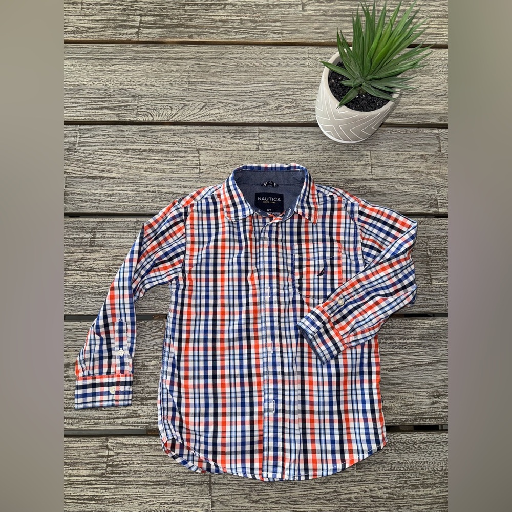Boys Nautica Long Sleeve Button Down Dress Shirt, Orange and Blue, Sz 4T
